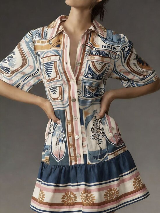 Farm Rio Dresses & Skirts - NWOT Farm Rio Linen Cerrado Stamps Short Sleeve Mini Dress Size XL Pocket